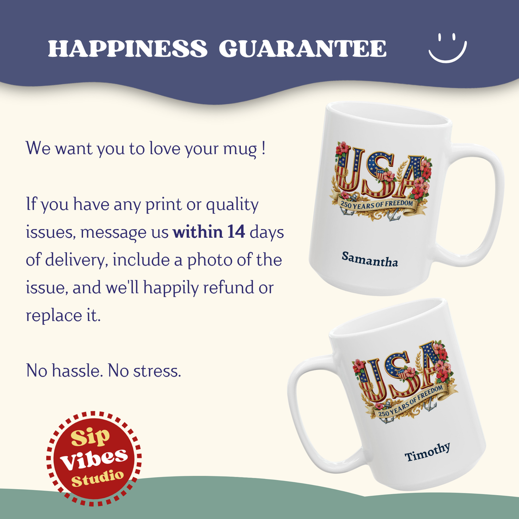 Patriotic USA Mug, 250th Anniversary Cup, American Flag Ceramic Floral Mug
