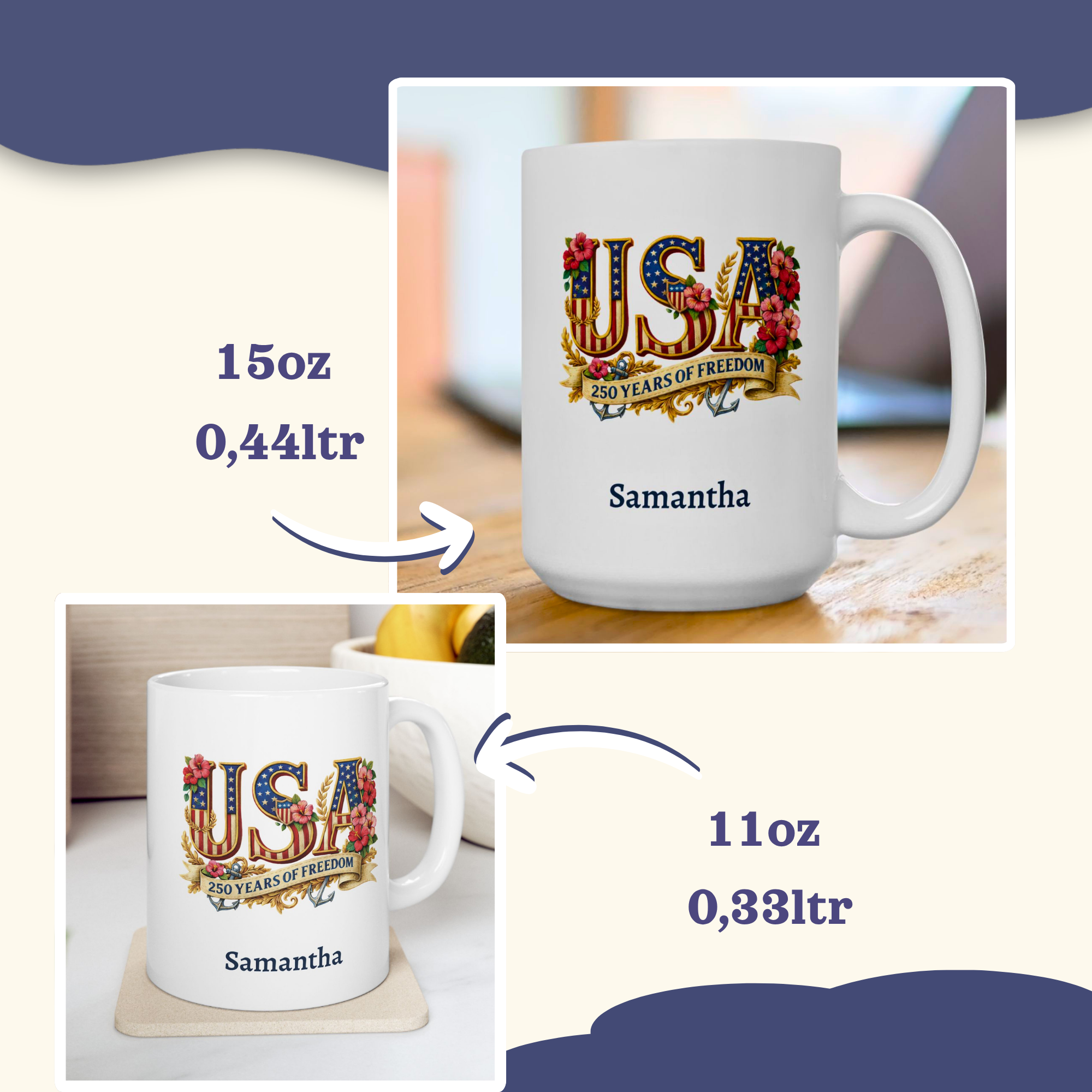 Patriotic USA Mug, 250th Anniversary Cup, American Flag Ceramic Floral Mug