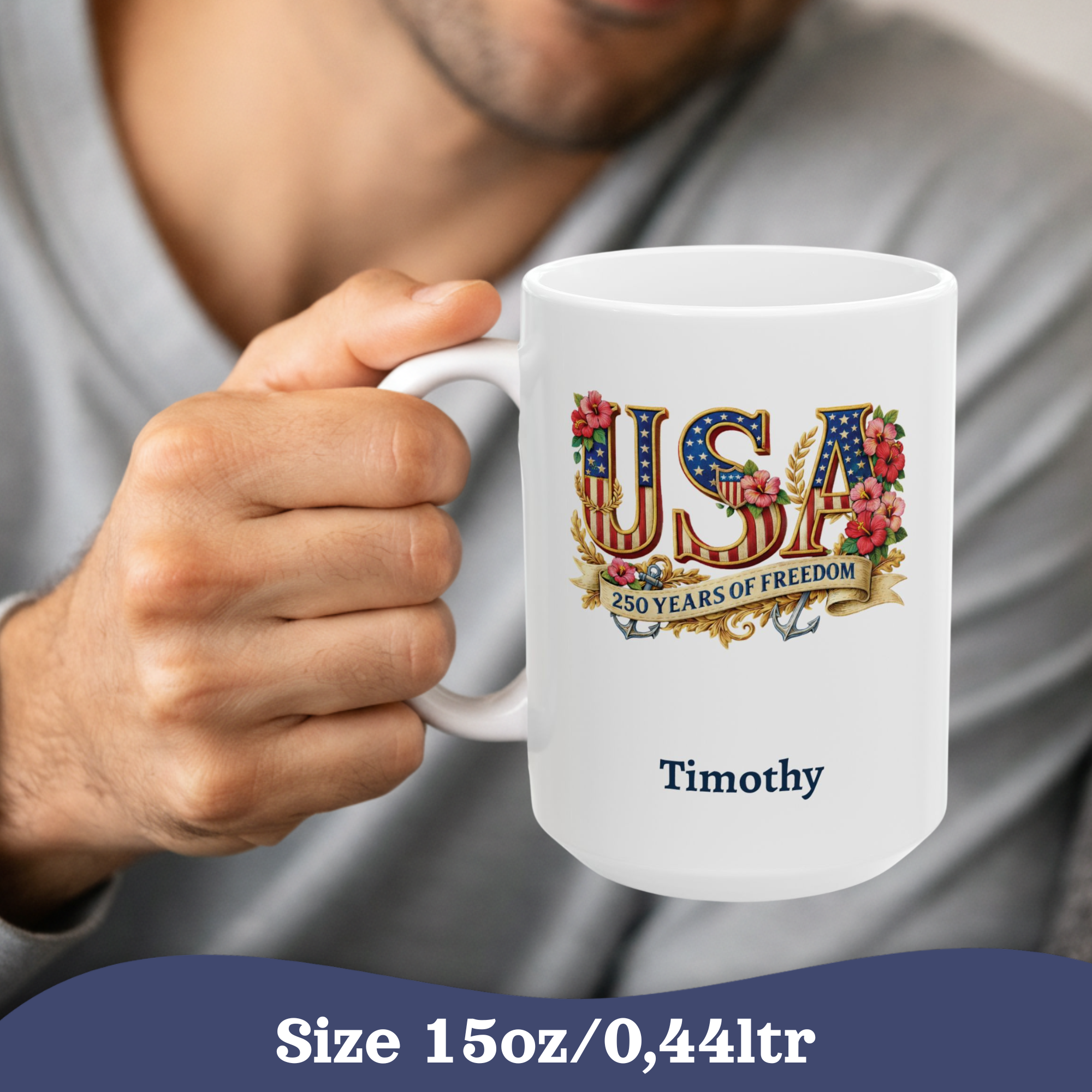 Patriotic USA Mug, 250th Anniversary Cup, American Flag Ceramic Floral Mug