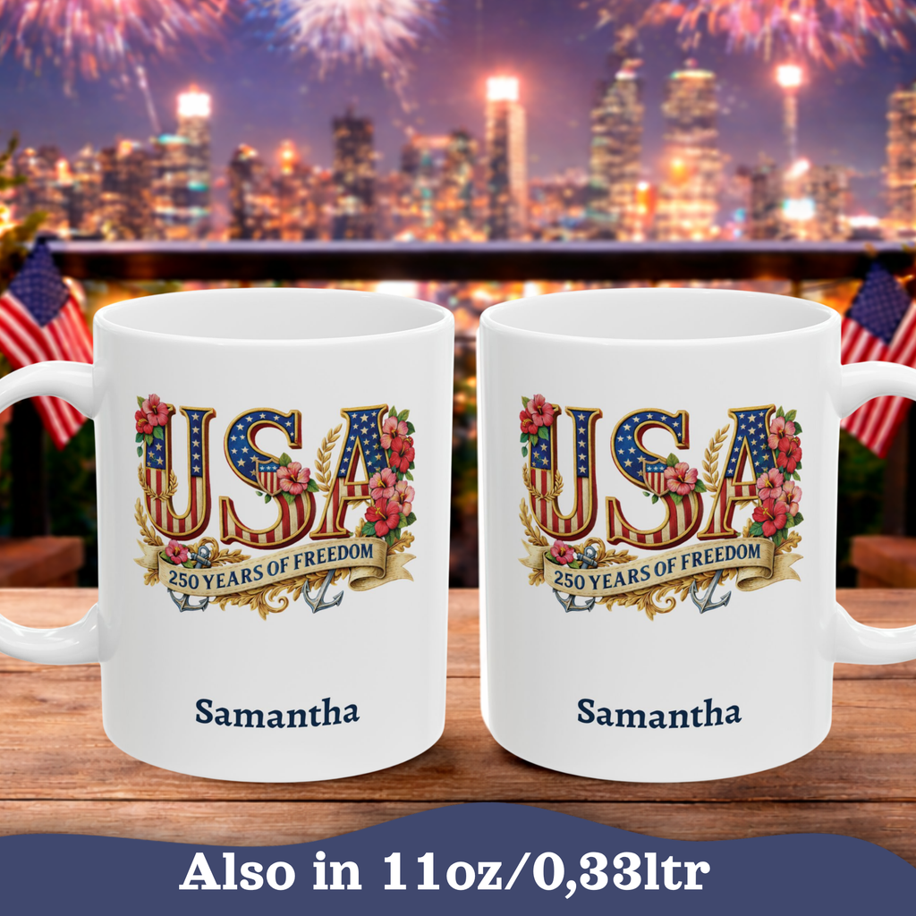 Patriotic USA Mug, 250th Anniversary Cup, American Flag Ceramic Floral Mug