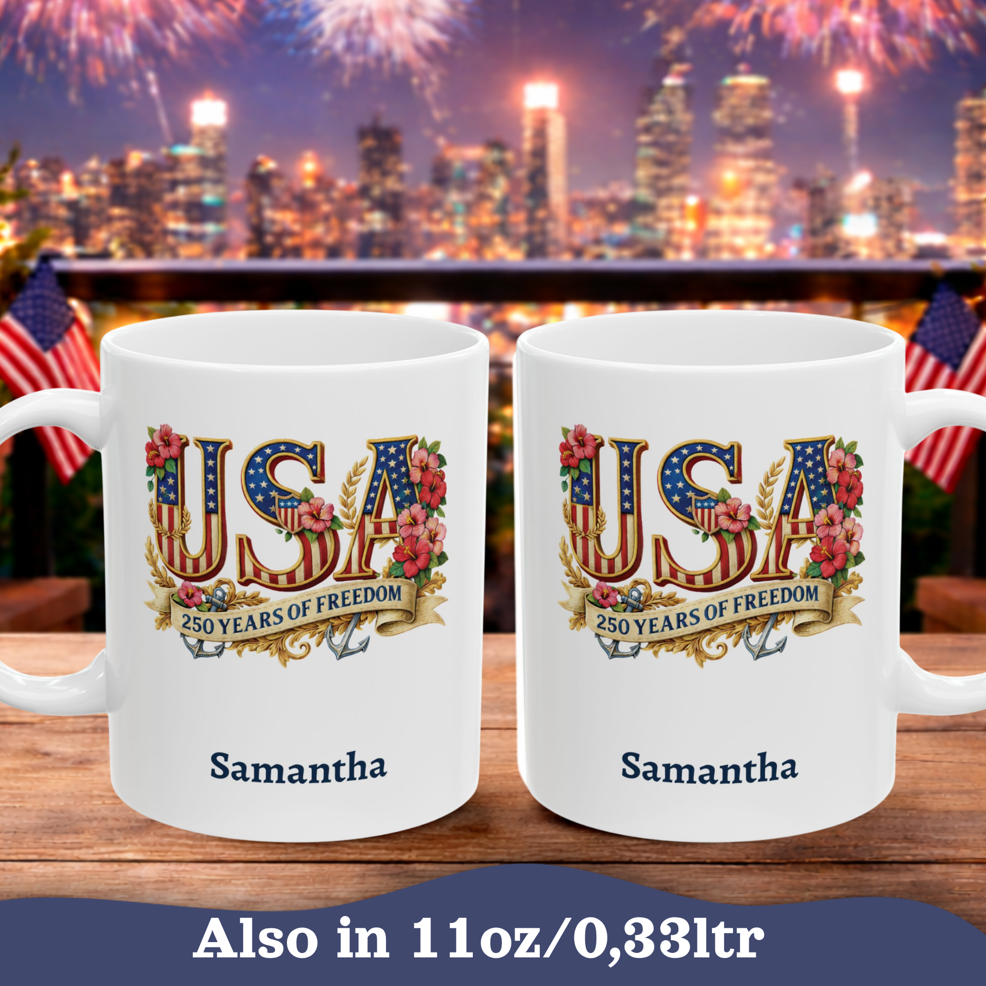 Patriotic USA Mug, 250th Anniversary Cup, American Flag Ceramic Floral Mug