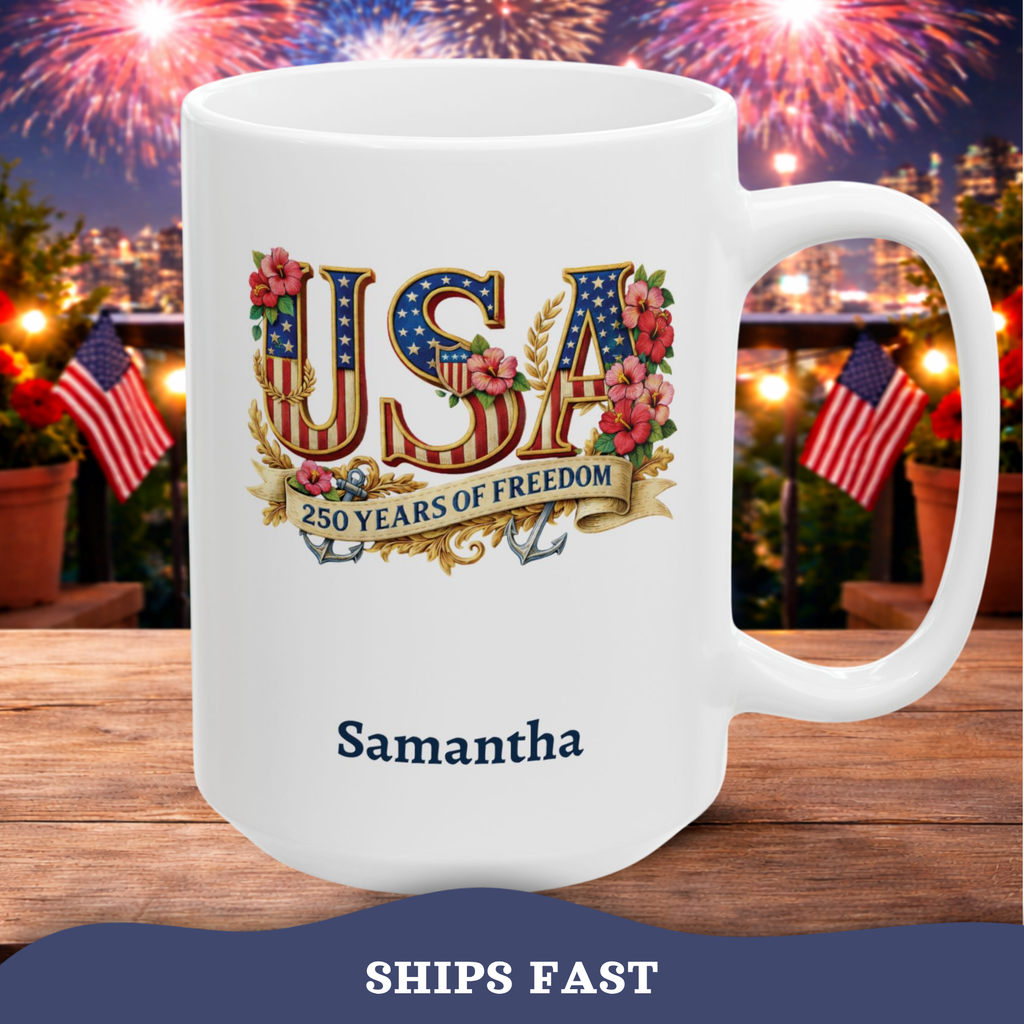 Patriotic USA Mug, 250th Anniversary Cup, American Flag Ceramic Floral Mug