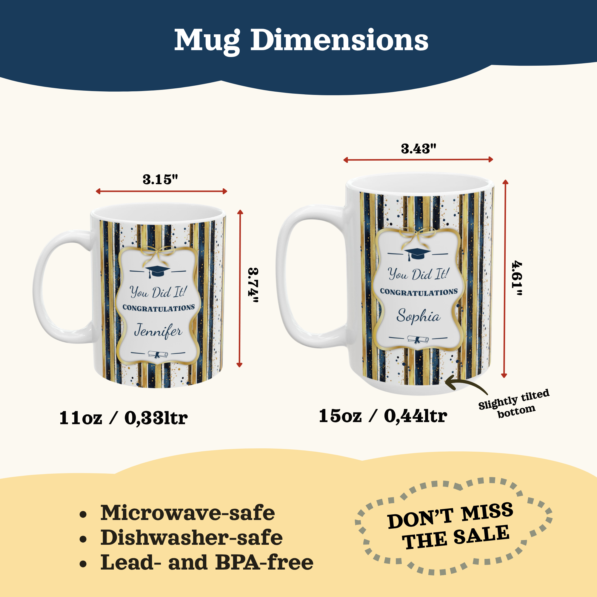 Personalized Graduation Mug – Navy & Gold Stripe Design