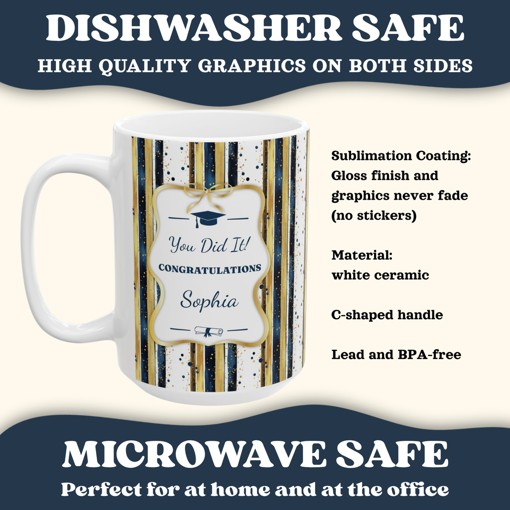 Personalized Graduation Mug – Navy & Gold Stripe Design