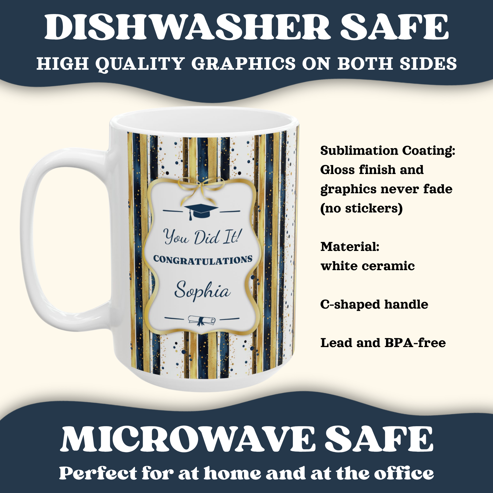 Personalized Graduation Mug – Navy & Gold Stripe Design