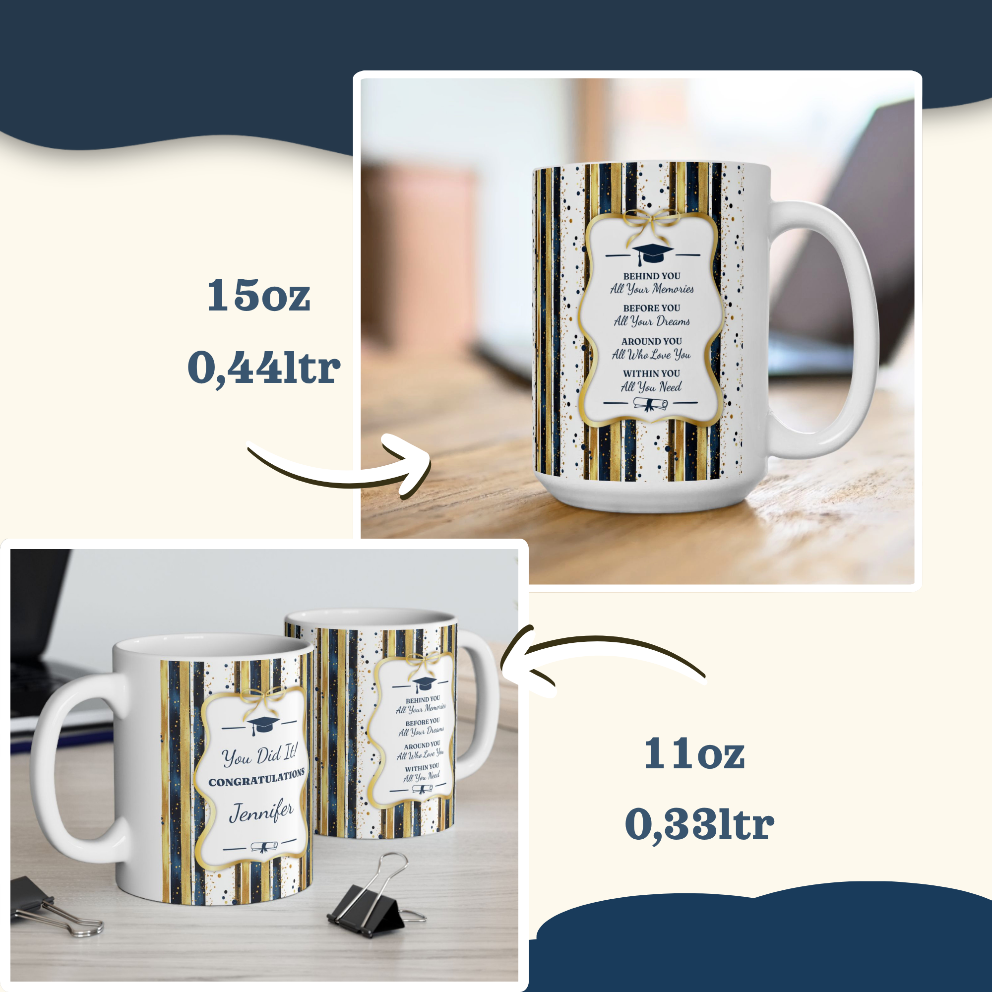 Personalized Graduation Mug – Navy & Gold Stripe Design