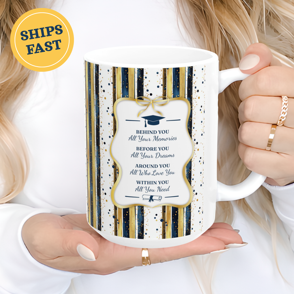 Personalized Graduation Mug – Navy & Gold Stripe Design