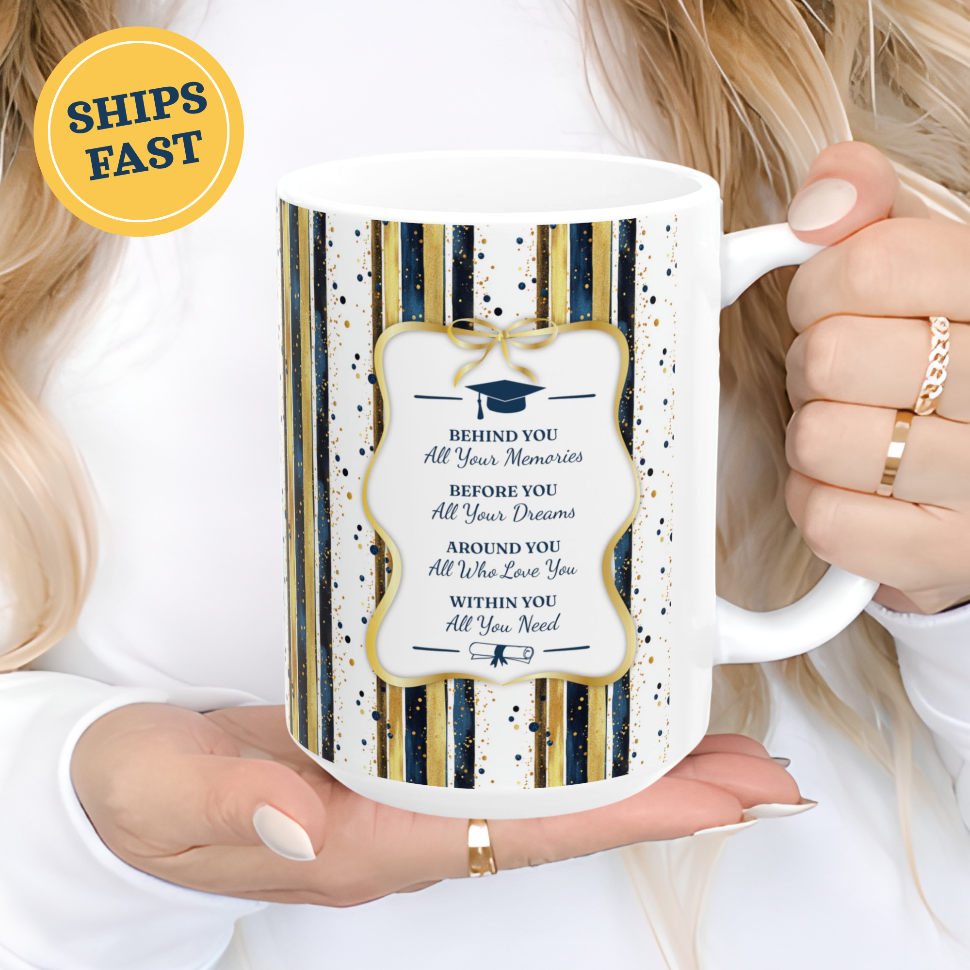 Personalized Graduation Mug – Navy & Gold Stripe Design