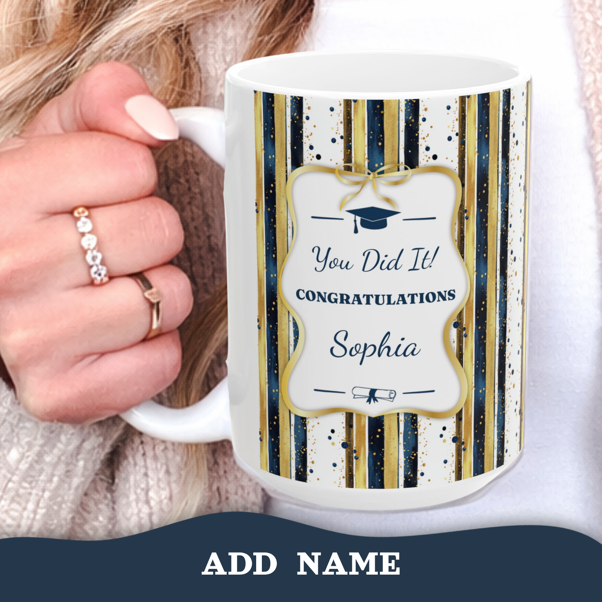 Personalized Graduation Mug – Navy & Gold Stripe Design
