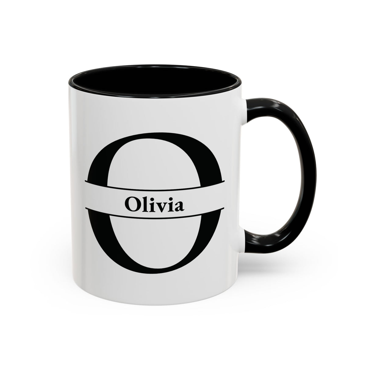 An accent color 11oz ceramic mug with a black interior, black handle, and a black graphic of a stylized letter Q with a banner reading 'Quentin' on the front. Right handle view.