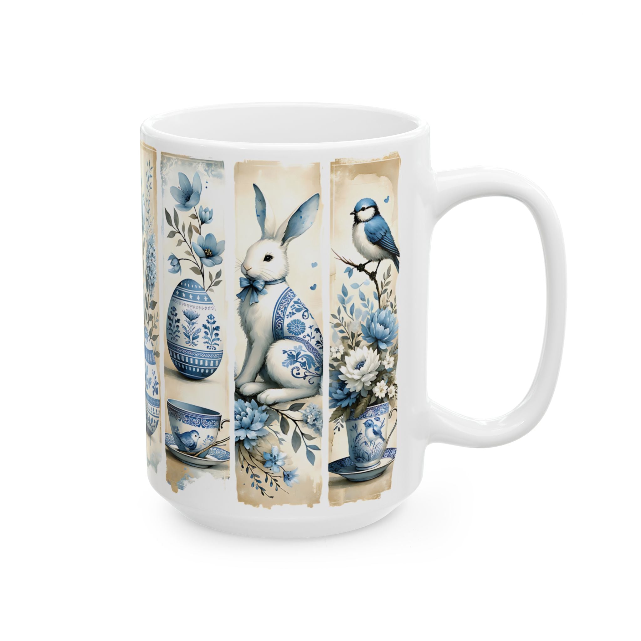 Easter Vintage Chinoiserie Illustration Mug | Blue Floral Bunny Egg Ceramic Mug