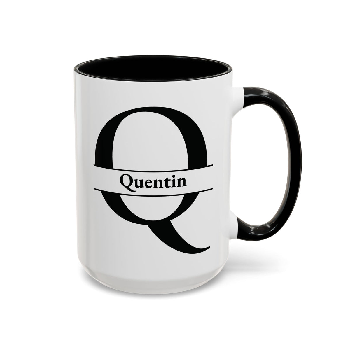 An accent color 15oz ceramic mug with a black interior, black handle, and a black graphic of a stylized letter Q with a banner reading 'Quentin' on the front. Right handle view.