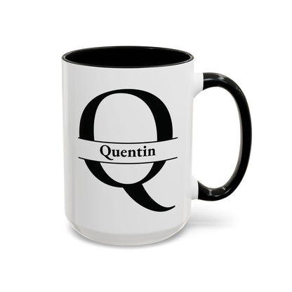An accent color 15oz ceramic mug with a black interior, black handle, and a black graphic of a stylized letter Q with a banner reading 'Quentin' on the front. Right handle view.