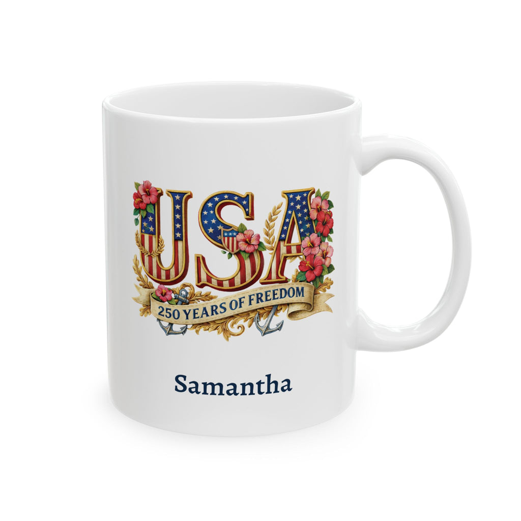 Patriotic USA Mug, 250th Anniversary Cup, American Flag Ceramic Floral Mug