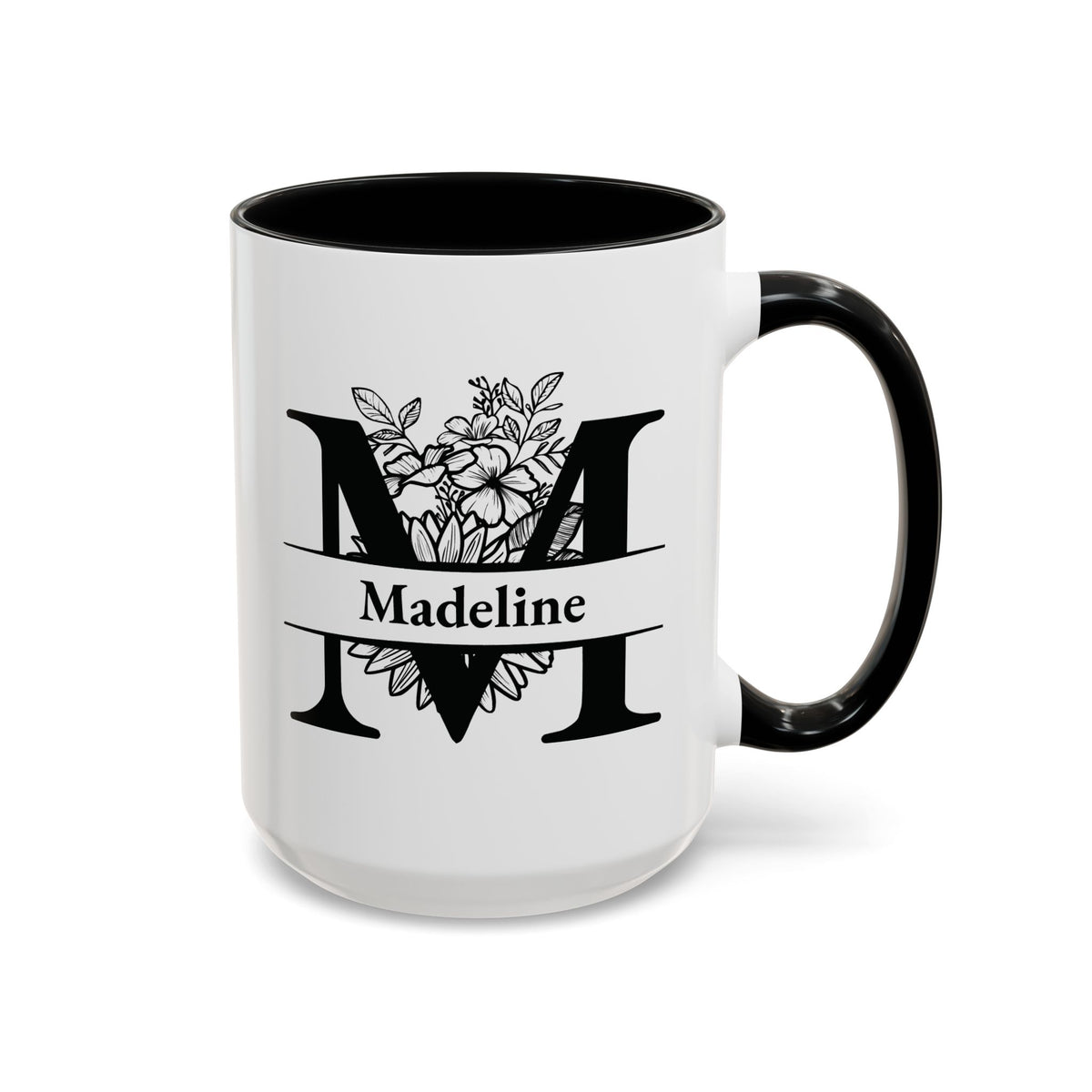 Mug with a large personalizable monogram initial and name on top, in black, right handle view. Mug is placed on a white background