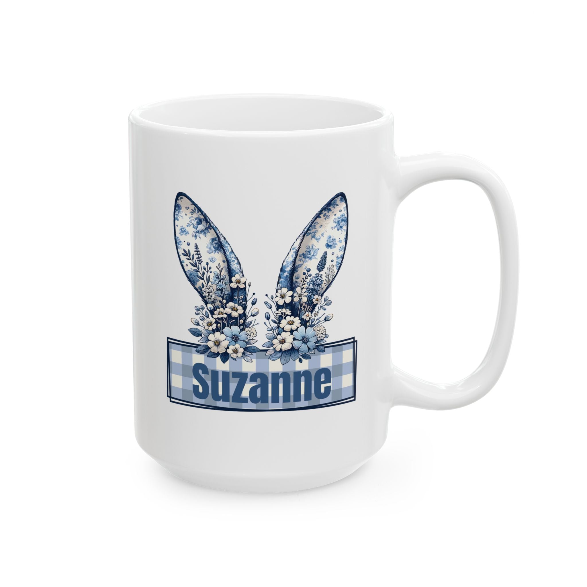 Personalizable Easter Mug, Bunny Ears Cup, Blue Pastel Vintage Cottagecore Mug, Floral Bunny Mug, Ceramic Coffee Cup, Spring Easter Decor