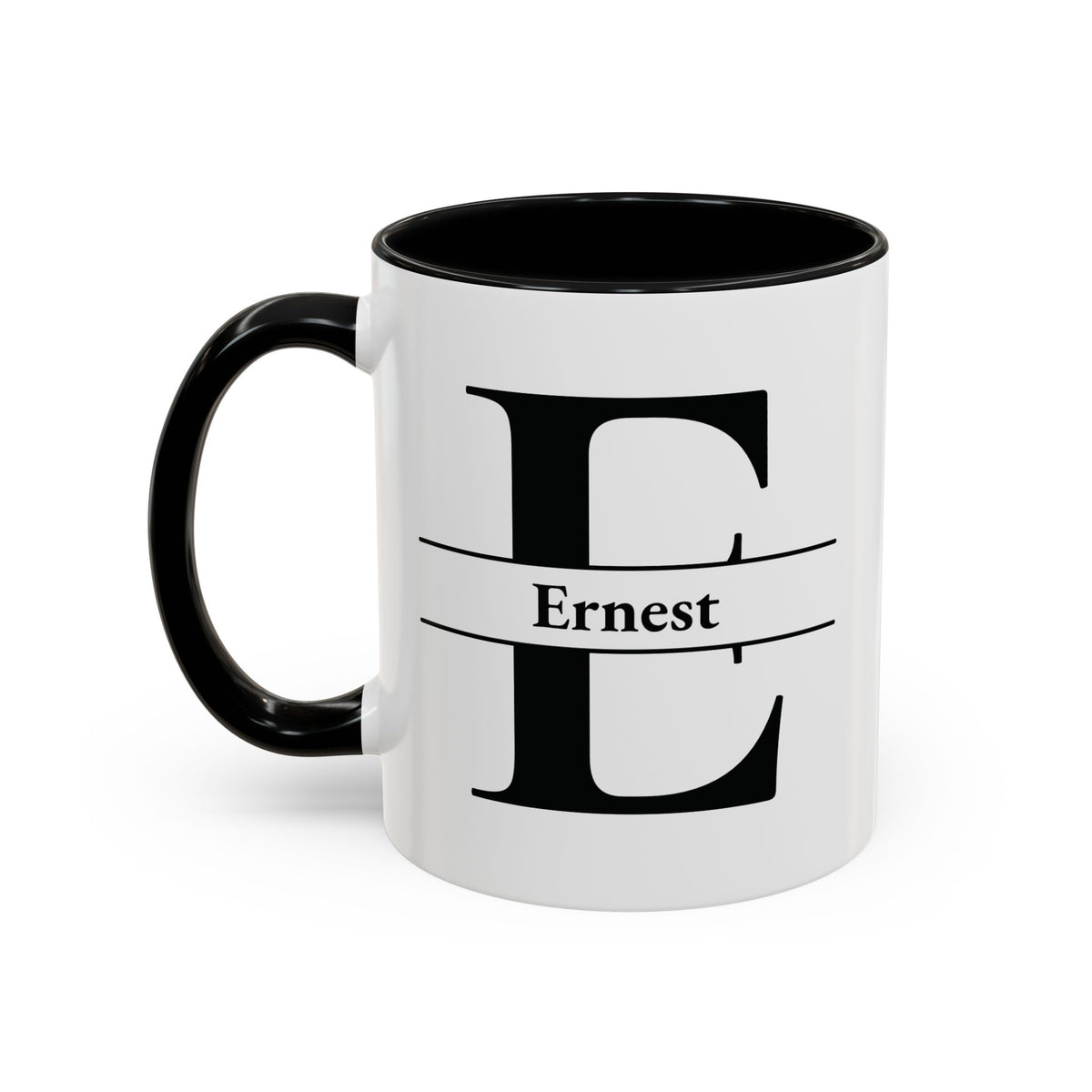 A white ceramic 11oz mug with a black handle and black interior, featuring a large black letter 'E' and the name 'Ernest' printed on the front. Left handle view.