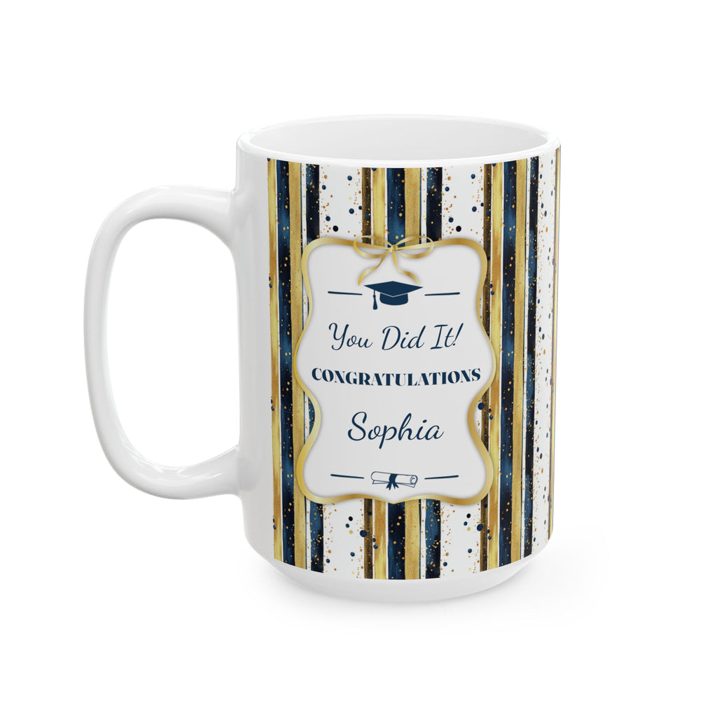 Personalized Graduation Mug – Navy & Gold Stripe Design