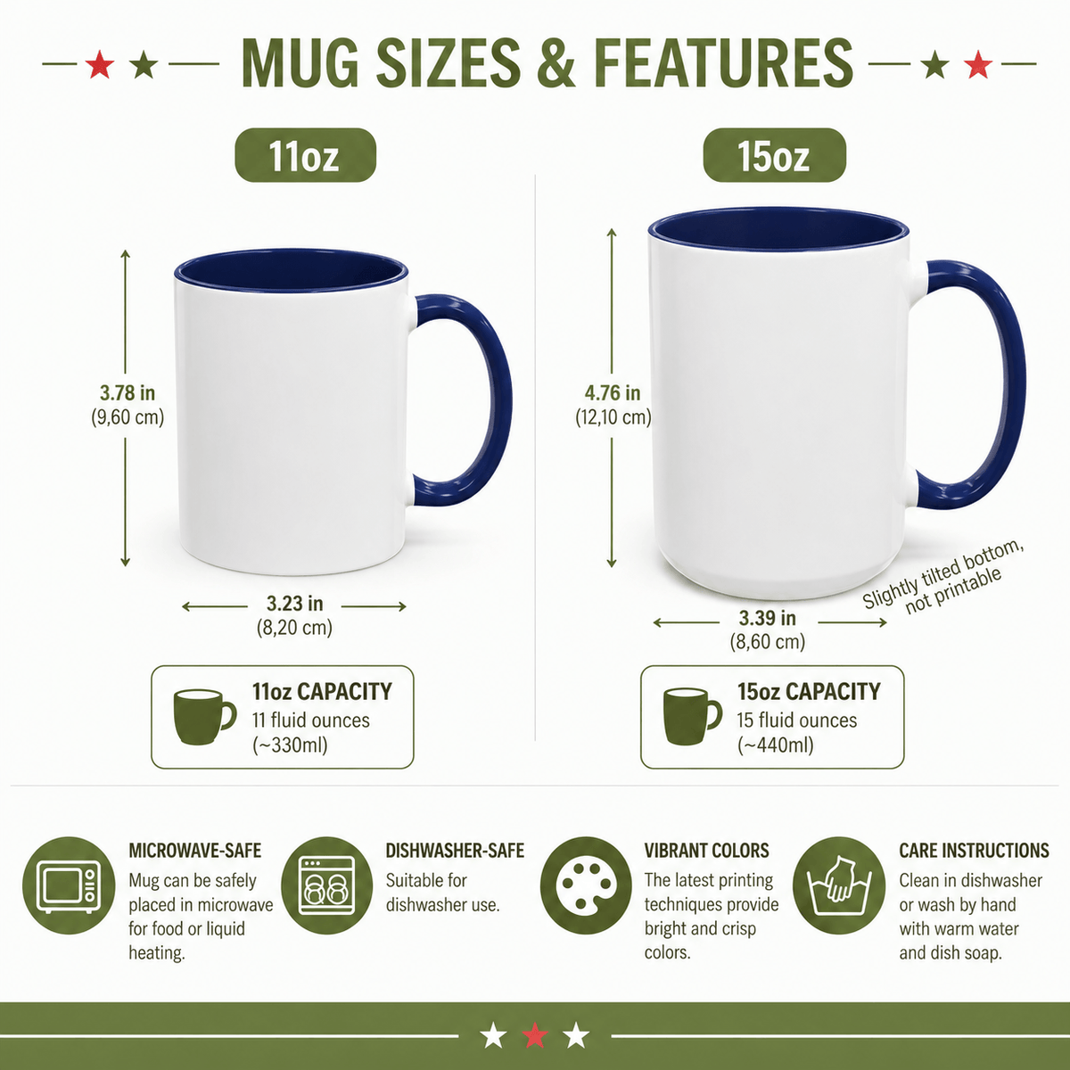 Size and feature chart comparing 11oz and 15oz accent mugs with colored handle, showing dimensions and dishwasher-safe icons.