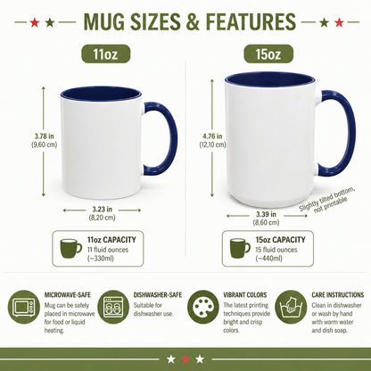 Size and feature chart comparing 11oz and 15oz accent mugs with colored handle, showing dimensions and dishwasher-safe icons.