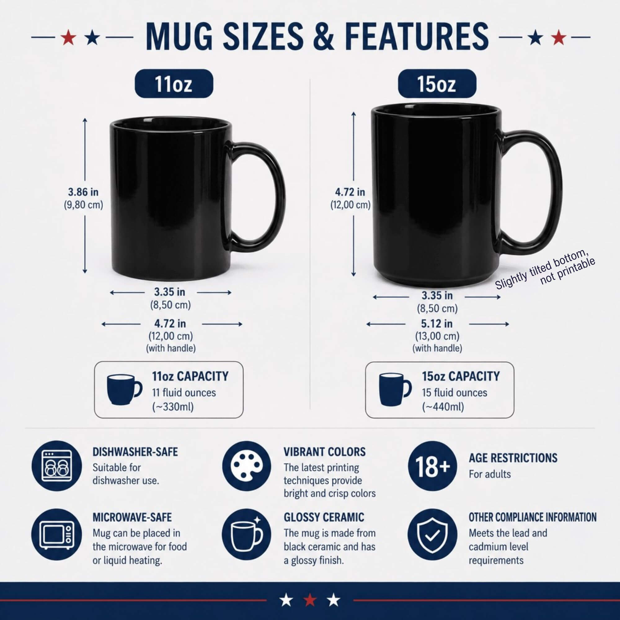 Black glossy ceramic mugs sizes and features — 11oz (9.8 cm tall, 330 ml) and 15oz (12.0 cm tall, 440 ml). Glossy finish, microwave-safe, dishwasher-safe, BPA-free, vibrant print quality.