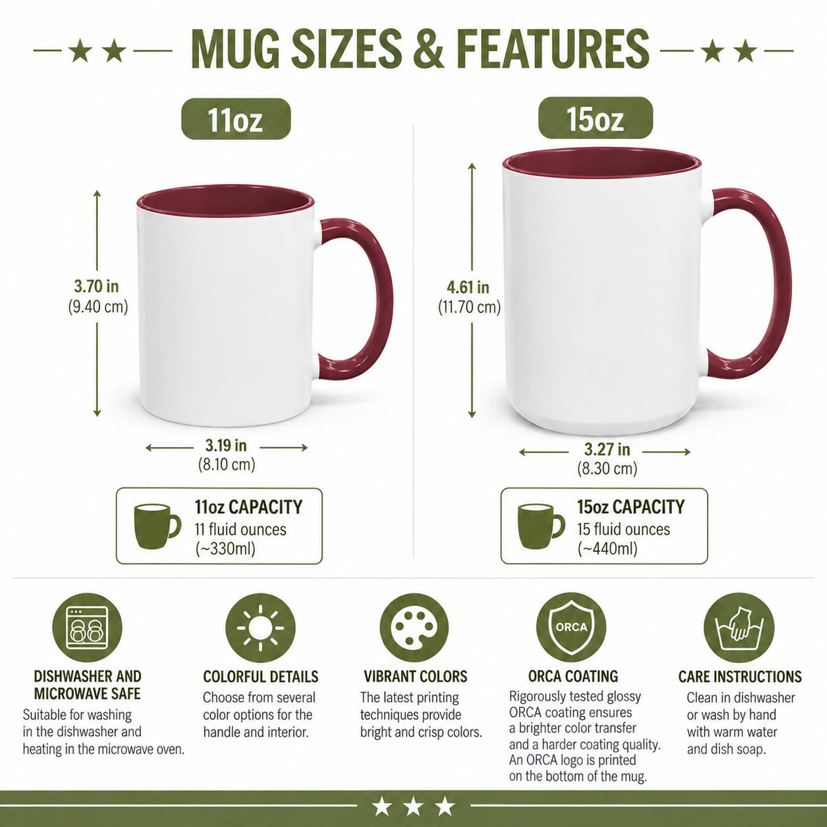 Size and feature chart comparing 11oz and 15oz colorful mugs, with dimensions, capacities, and dishwasher-safe icons.