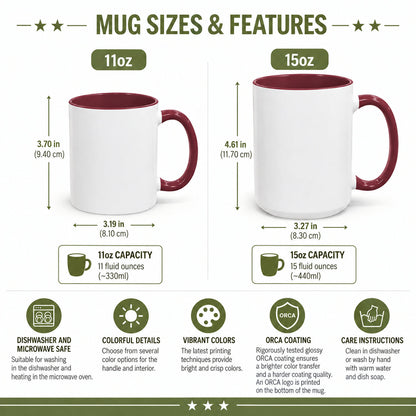 Size and feature chart comparing 11oz and 15oz colorful mugs, with dimensions, capacities, and dishwasher-safe icons.