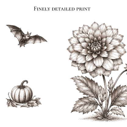 A monochrome botanical and animal print featuring a large dahlia flower, a pumpkin with leaves, and a bat, with the text 'FINELY DETAILED PRINT' at the top on a white background.