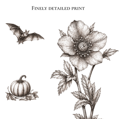 A detailed monochrome botanical and animal print featuring a large detailed hellebore flower with leaves, a small pumpkin, and a bat, with the text 'FINELY DETAILED PRINT' at the top on a white background.