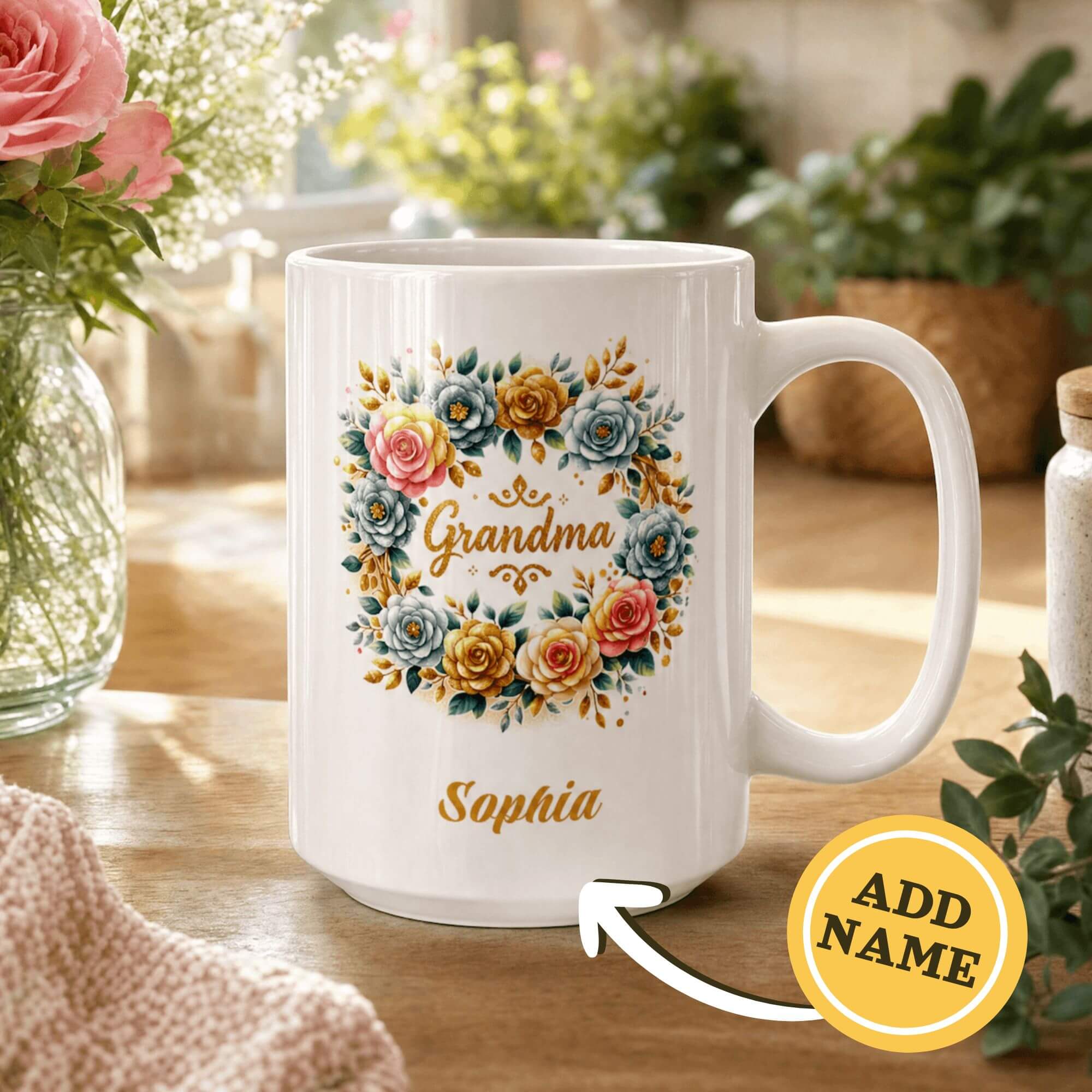 Personalized Grandma Mug – Floral Wreath Gold Design