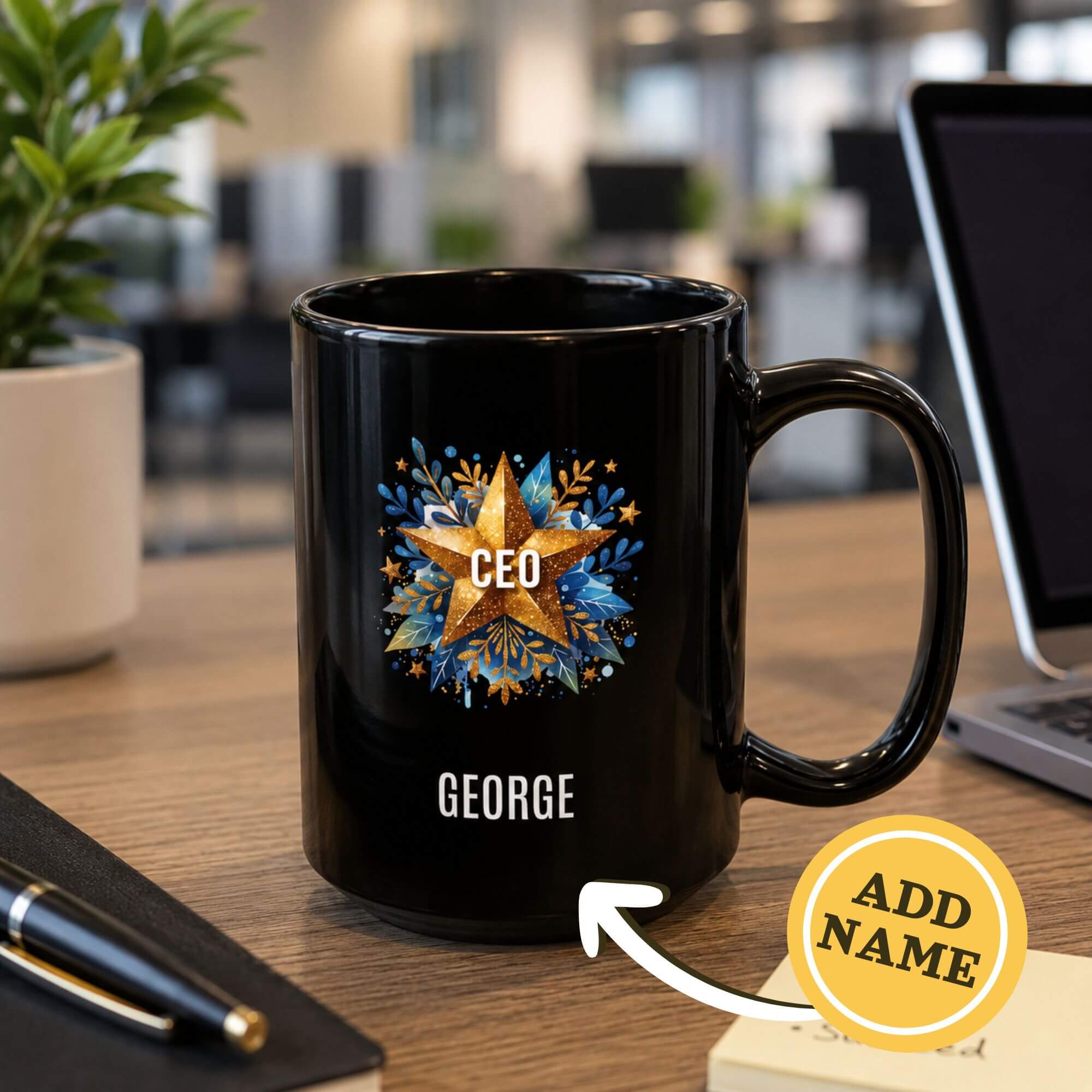 Personalized CEO Mug – Black Glossy Gold Star Design