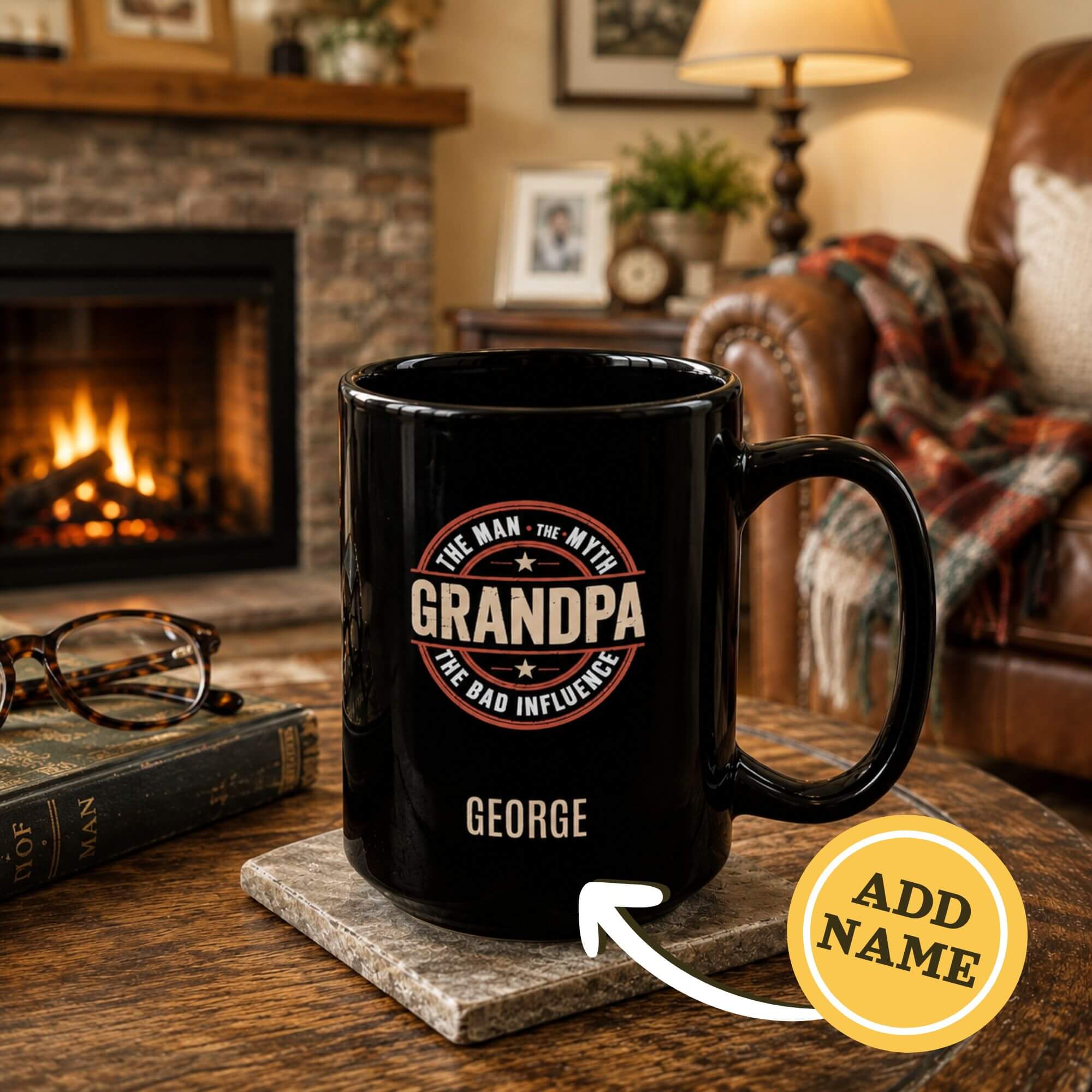 Personalized Grandpa Man Myth Bad Influence black mug lifestyle photo by fireplace