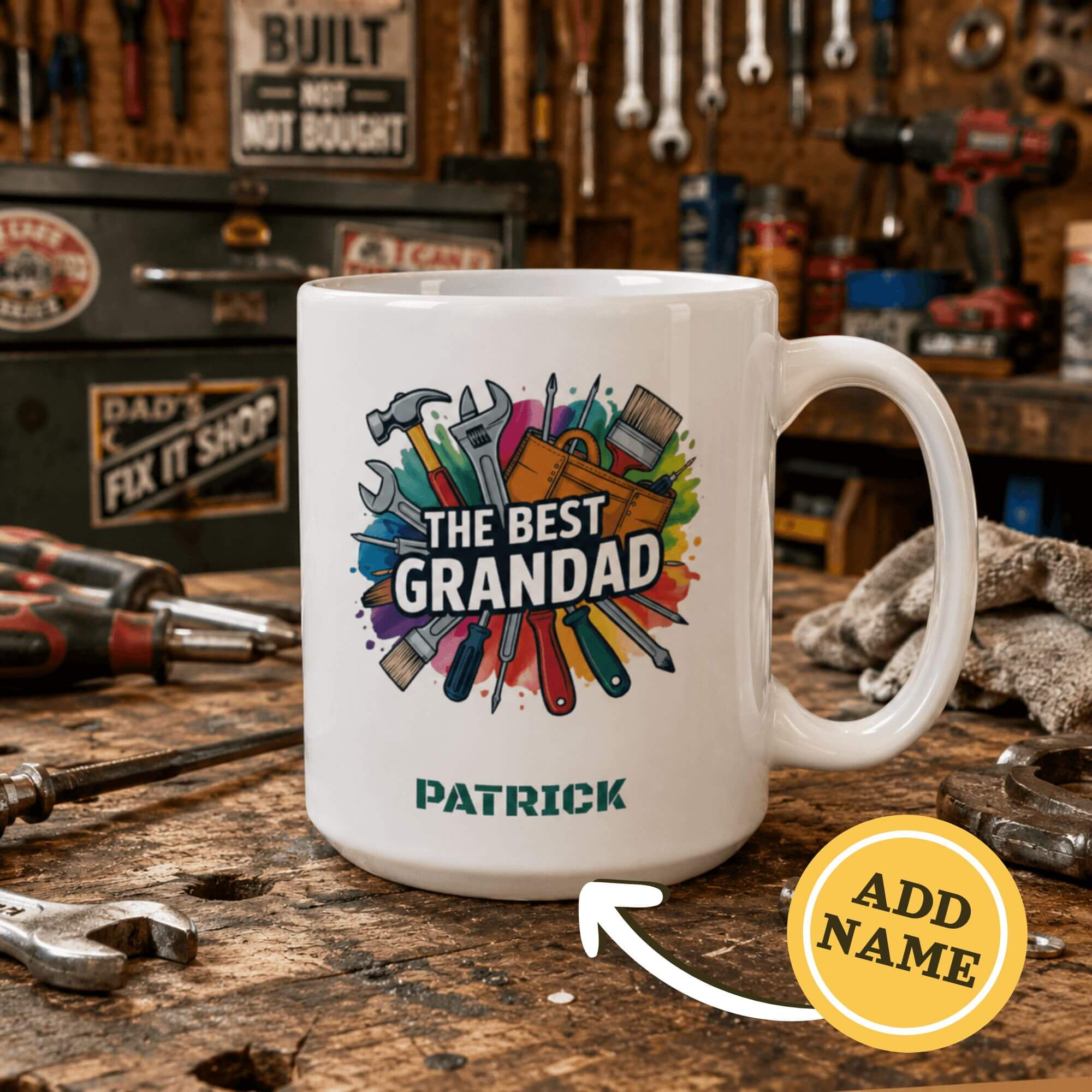 Personalized Best Grandad Mug – Tools & Color Design