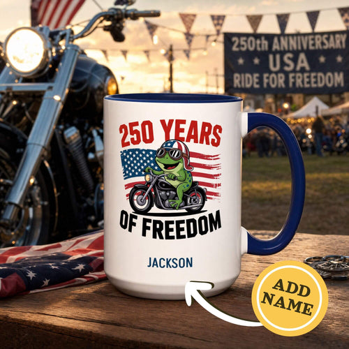 Personalized 250 Years of Freedom Accent Mug – Patriotic Frog Biker