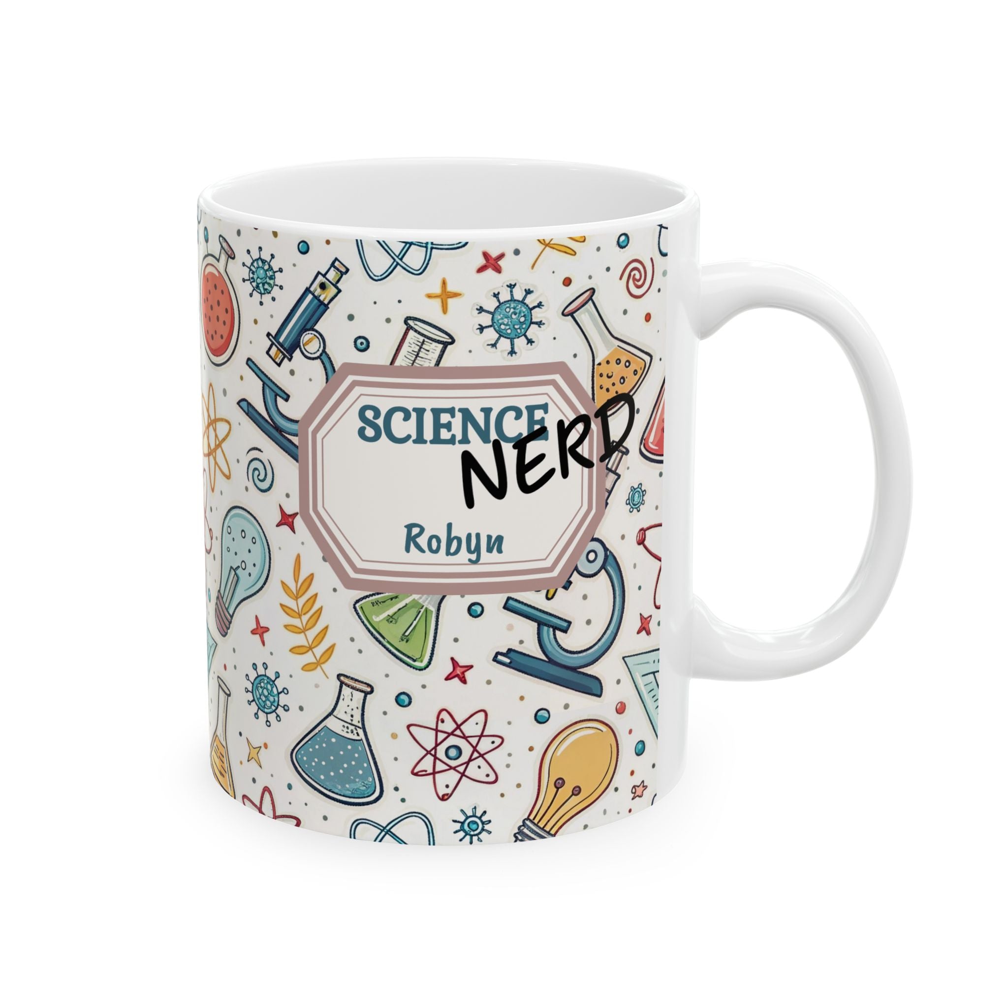 Personalized Science Nerd Mug, Chemistry Physics Laboratory Icons Ceramic Mug