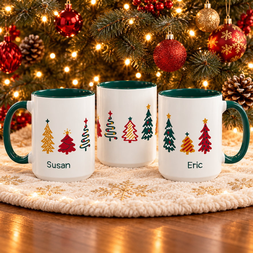 Three personalized Christmas 15oz mugs with green handles and interiors are displayed on a cream knit placemat in front of a lit Christmas tree. The design features colorful tree illustrations around the mug, and the names 'Susan' and 'Eric'.