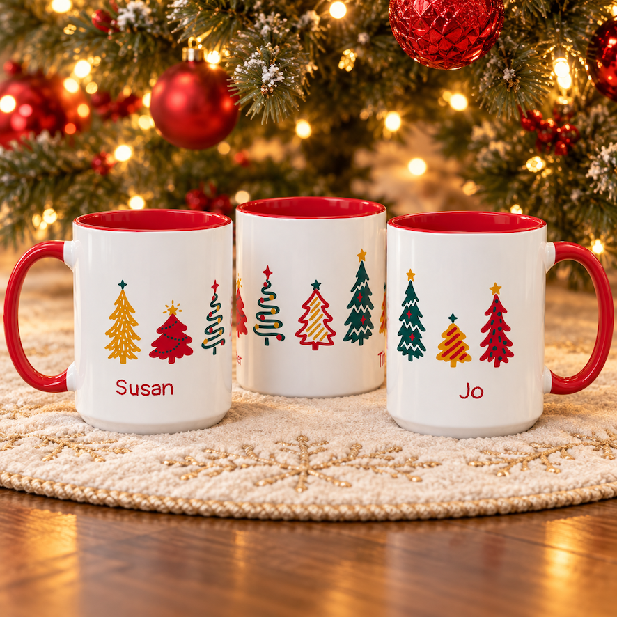 Three personalized Christmas-themed ceramic 15oz mugs with red interiors and handles, decorated with colorful tree illustrations around the mug, displayed on a round woven placemat in front of a lit Christmas tree.