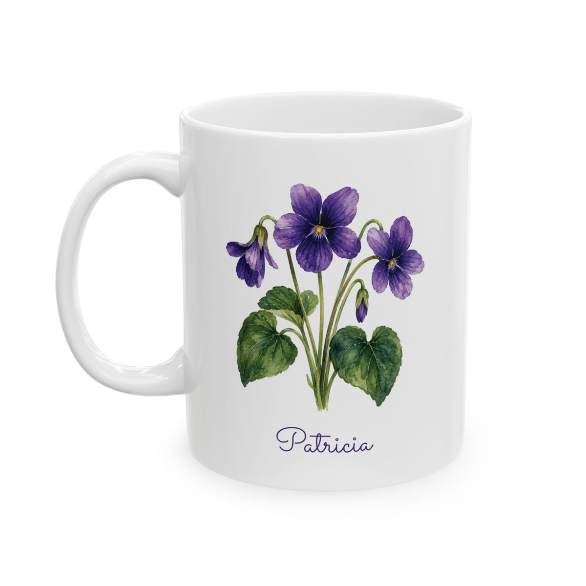 A white ceramic 11oz mug featuring a watercolor-style illustration of purple violins with green leaves and the name 'Patricia' printed below in purple script, shown on a clean white background.