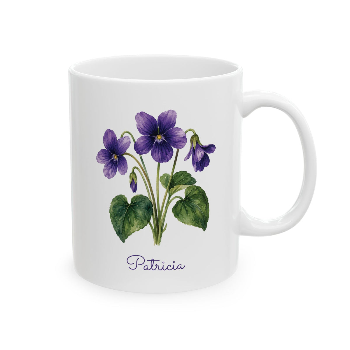 A white ceramic 11oz mug, right side view, featuring a watercolor-style illustration of purple violins and green leaves, with the name 'Patricia' printed below in purple script.