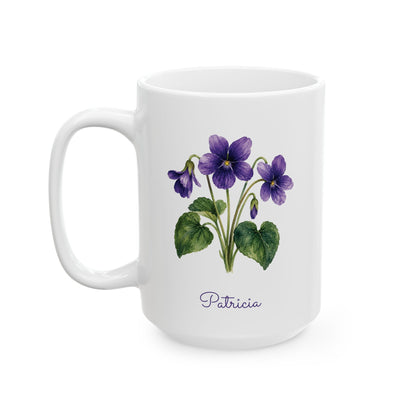 A white ceramic 15oz mug featuring a watercolor-style illustration of purple violins with green leaves and the name 'Patricia' printed below in purple script, shown on a clean white background.