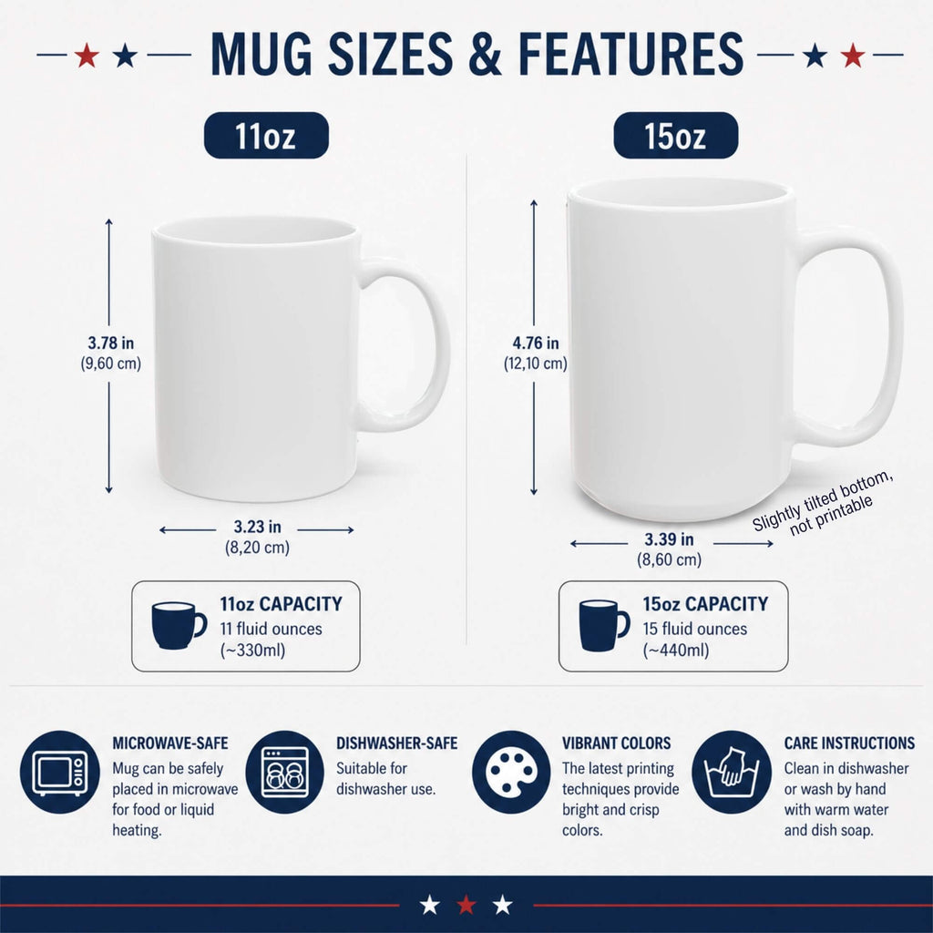 White ceramic mugs sizes and features — 11oz (9.6 cm tall, 330 ml) and 15oz (12.1 cm tall, 440 ml). Microwave-safe, dishwasher-safe, BPA-free, vibrant print quality.