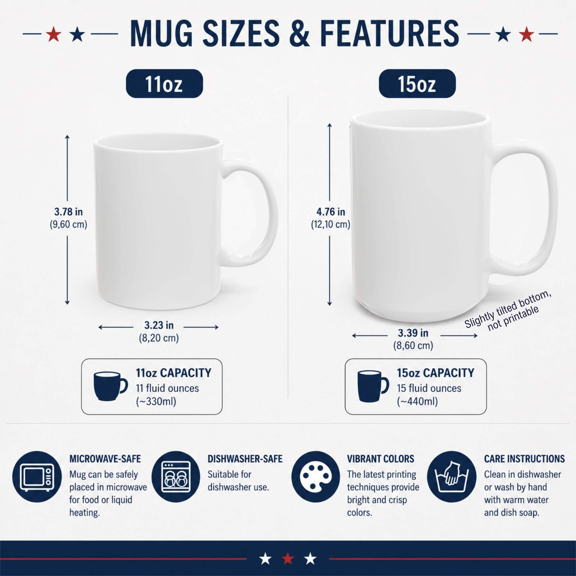 White ceramic mugs sizes and features — 11oz (9.6 cm tall, 330 ml) and 15oz (12.1 cm tall, 440 ml). Microwave-safe, dishwasher-safe, BPA-free, vibrant print quality.