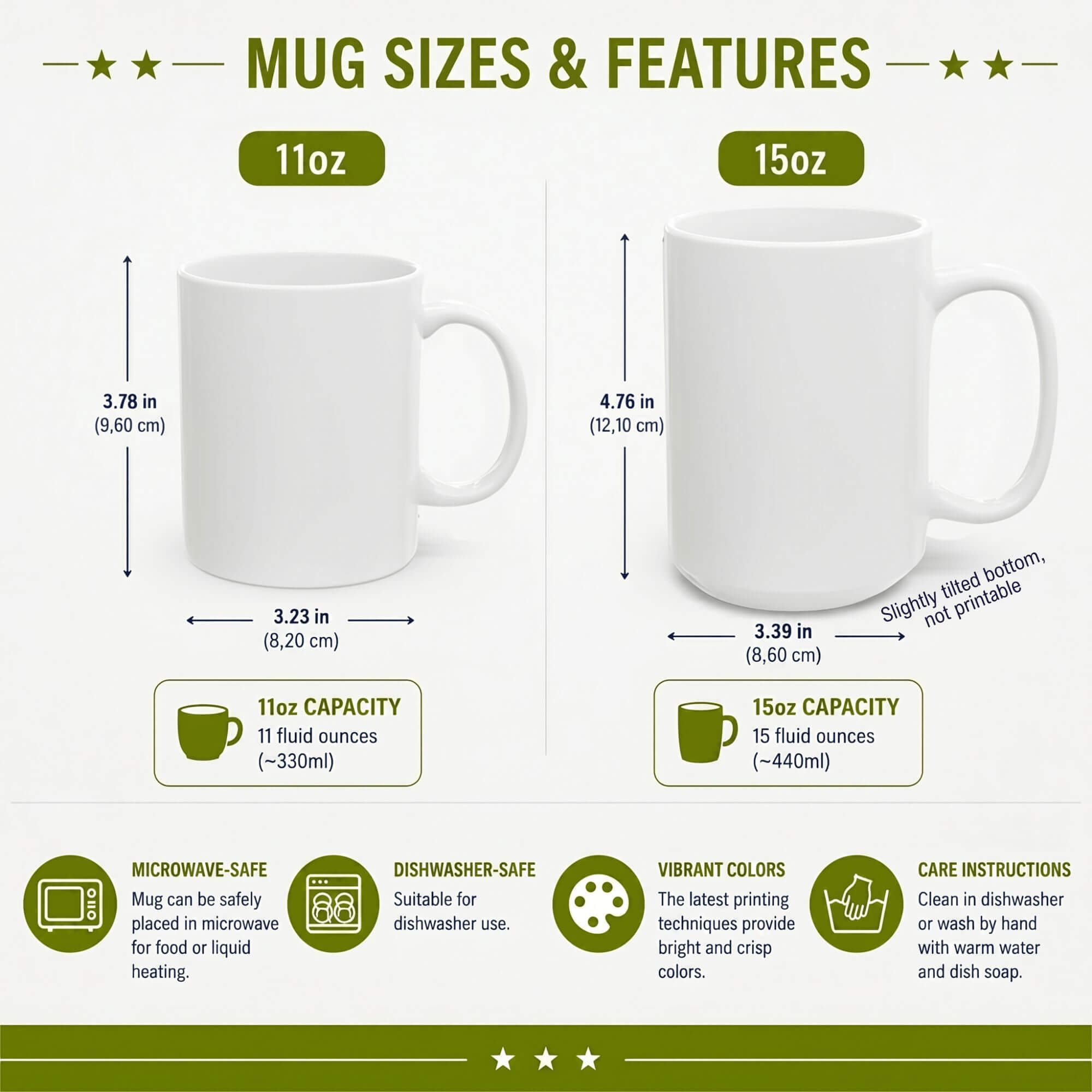 White ceramic mugs sizes and features — 11oz (9.6 cm tall, 330 ml) and 15oz (12.1 cm tall, 440 ml). Microwave-safe, dishwasher-safe, BPA-free, vibrant print quality.
