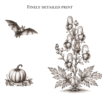 A vintage-style botanical print featuring a detailed bat, a small pumpkin with leaves, and a large wolfsbane plant with bell-shaped flowers, all rendered in brown ink on a white background. The text 'FINELY DETAILED PRINT' appears at the top.