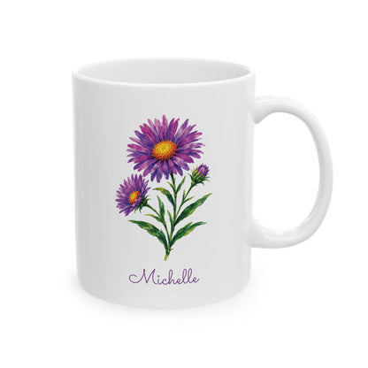 Aster birth flower personalized ceramic mug, 11oz, right side view.
