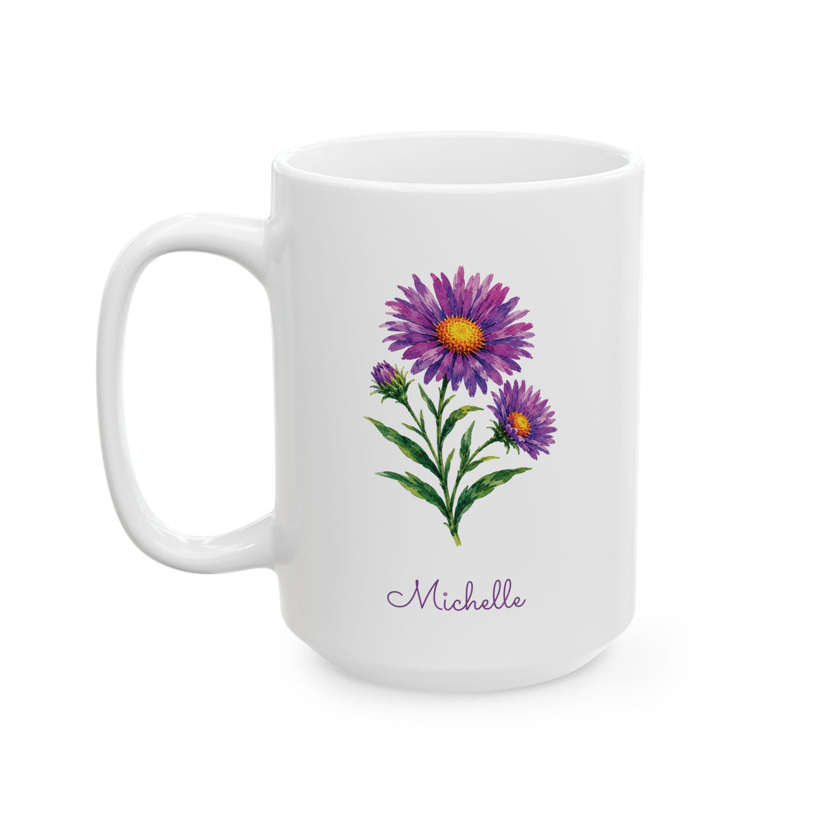 Aster birth flower personalized ceramic mug, 15oz, left side view.