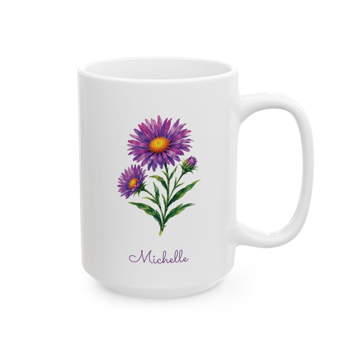 Aster birth flower personalized ceramic mug, 15oz, right side view.