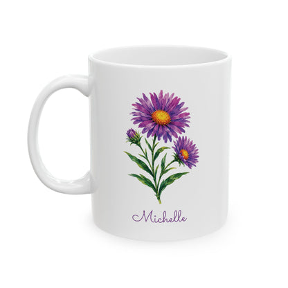 Aster birth flower personalized ceramic mug, 11 oz, left handle view.