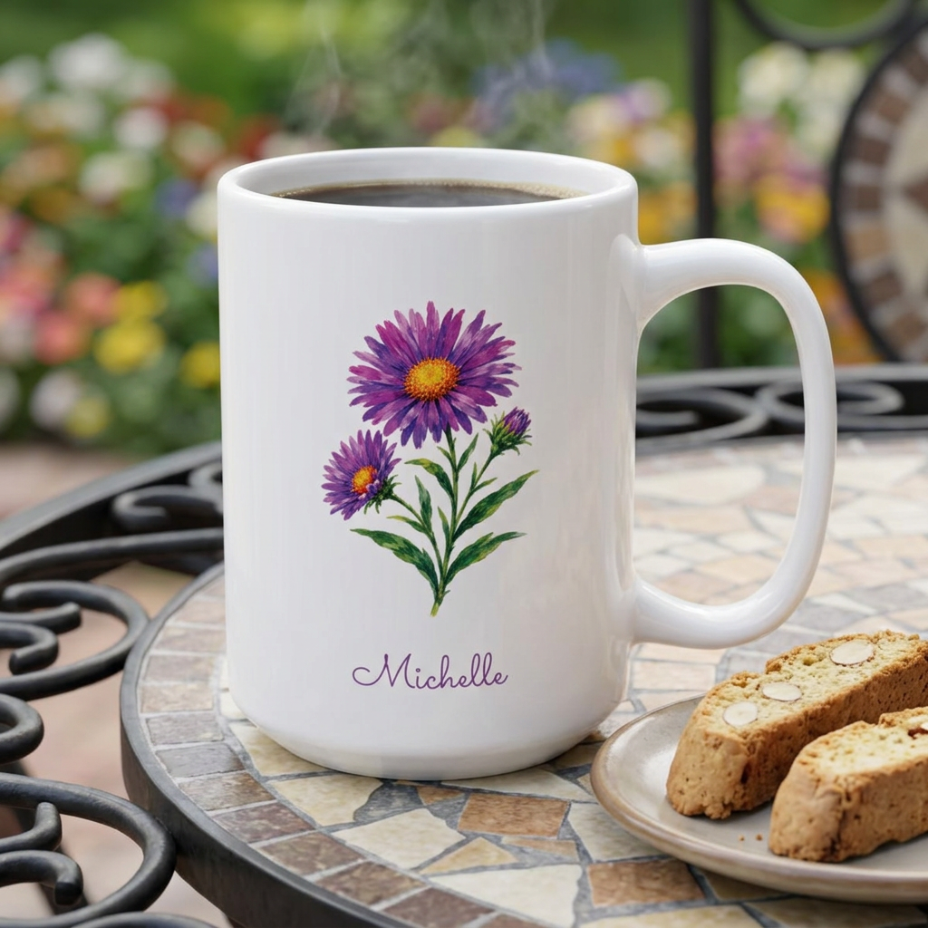 Aster birth flower personalized ceramic mug, styled on a garden table with two biscotti on a plate and flowers in background.