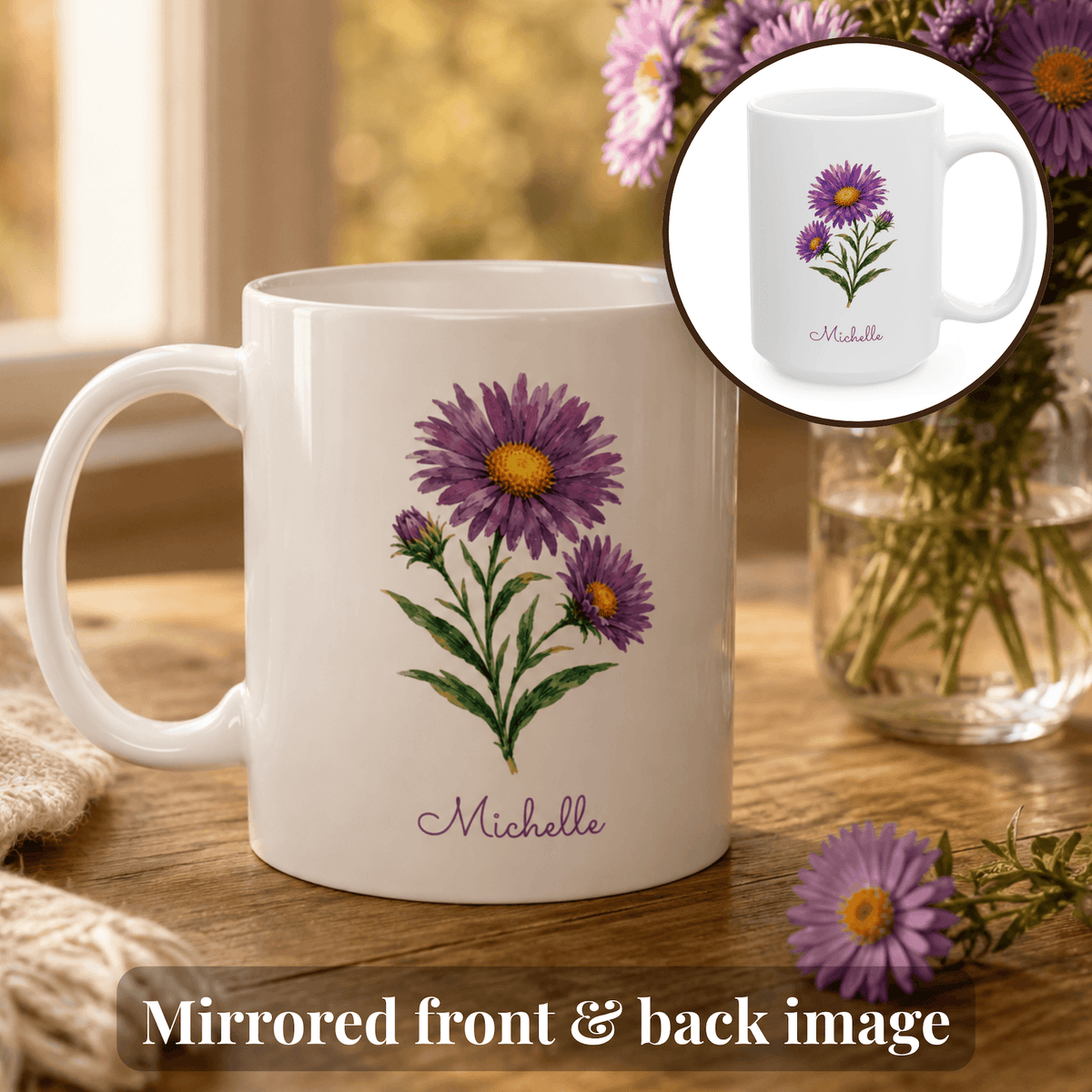 Aster birth flower personalized ceramic mug. Circular inset shows the other side of the mug with mirrored flower image.